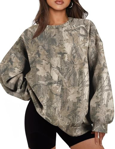 MSBESYOR Camo Sweatshirt for Women Mens Oversized Fleece Camouflage Maple Leaf Crewnecks Pullover Tops Hunting Hoodies