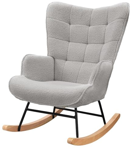 jeerbly Sedia a dondolo con sgabello, in tessuto Teddy, con poggiatesta, poggiapiedi e tasca, per l'allattamento, per soggiorno, camera da letto, balcone, bianco (stile B - grigio chiaro)