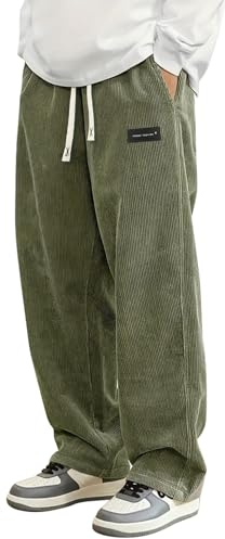 PADOLA Pantalon Velours Côtelé Homme Baggy Taille Elastique Pantalons Cargo avec Poches Décontracté Tricoté Pantalon de Travail Jambes Larges Ample Y2K Pantalons Jogging Sport