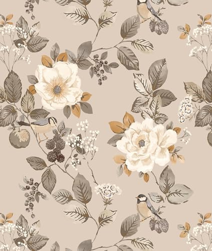 EchoSphere 16.9 x 118 Vintage Floral Peel and Stick Wallpaper Floral and Birds Wallpaper Beige Brown Removable Contact Paper Boho Botanical Self Adhesive Wall Paper for Bedroom Decorative Vinyl Roll