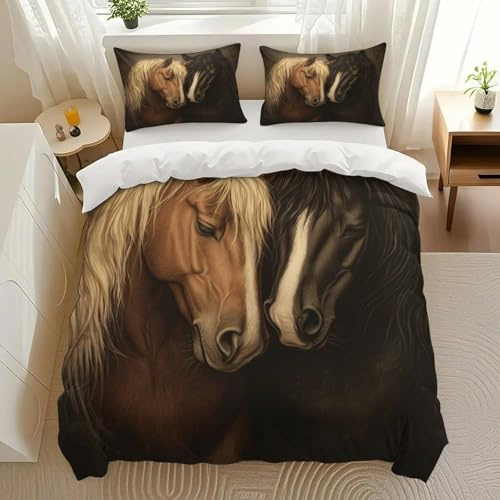 Paukolra Horse Duo Harmony Bedding Comforter Sets Bedding Set 3 Pieces (1 Duvet Cover 2 Pillowcases) with Zipper Closure Lightweight