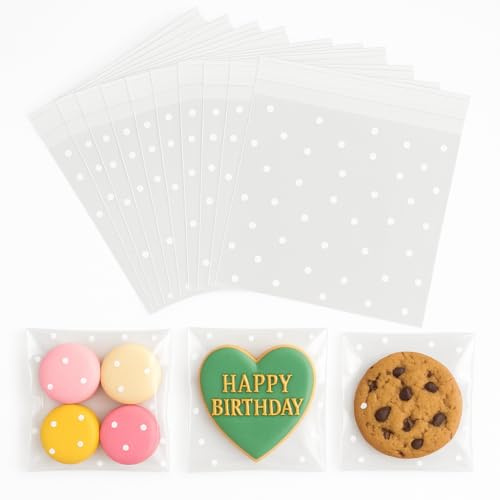 Cellophane Bags Pack of 100 (10x10cm) White Polka Dot Self-Seal Translucent Cookie Bags for Sweets, Chocolates, Candy And Biscuits
