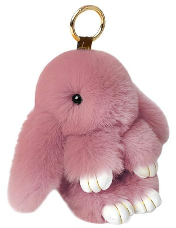 Soft Fluffy Bunny Keychain - Cute Rex Rabbit Faux Fur Plush Pendant, Lovely Pompom Keyring and Bag Charm for Women Girls, Handbag Car Key Accessory, Easter Birthday Gift Ideas (Bean paste)