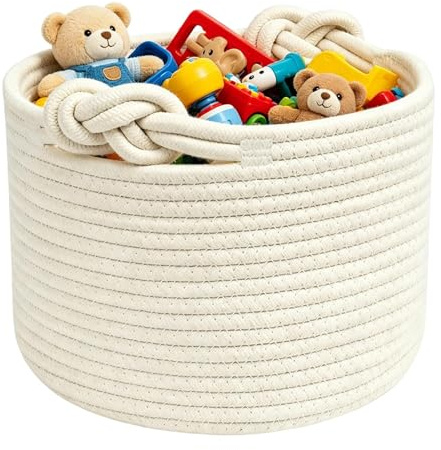 Premium Cotton Rope Woven Basket with Handles, 24x18 Cm Versatile Blanket Basket for Living Room, Durable Toy Storage Baskets, Elegant White Baskets for Home Organization.