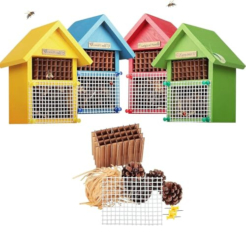 CEDAR ALPHA 4 Pack DIY Insect Hotel Kit, Backyard Insect House, Solid Wood 5.9x 7.7x 4.7, UVcoating Painted, Bee House, Nesting Habitat Shelters, Garden Shelter for Bees, Butterflies, Bugs