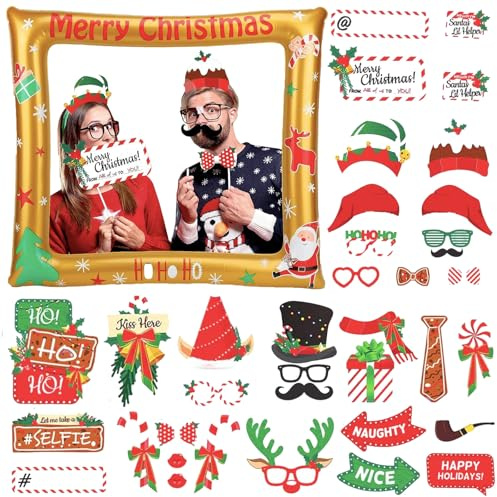 POPOYU Christmas Inflatable Photo Booth with 38Pcs Props Selfie Picture Frame for Family Party,Christmas Party Game Accessories Supply,Giant Celebration Blow Up Prop, Xmas Gold, 10x20cm, color