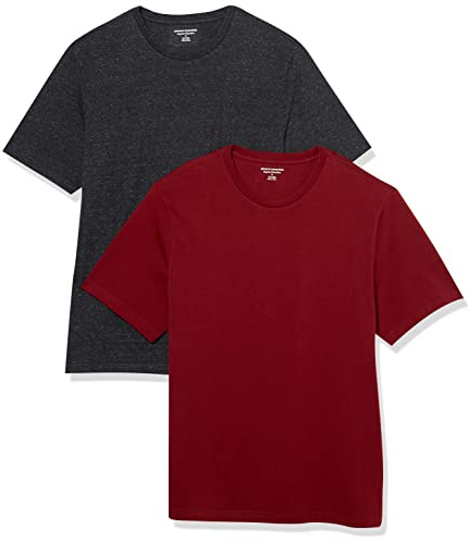 Amazon Essentials T-shirt en Coton à Col Rond à Manches Courtes, Coupe Classique Homme, Lot de 2, Bordeaux/Charbon Chiné, L