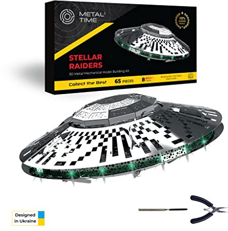 METAL-TIME UFO DIY Model Kit, 3D Electronic Flying Saucer Stellar Raiders, 80 Pieces - Metal Unidentified Flying Object for Adults