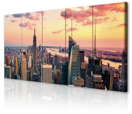 decomonkey - Tableau Acoustique New York 150x60 5 Pièces - Impression sur Toile Décoration Déco Bureau Architecture nuages ville new york orange usa gratte-ciel coucher de soleil