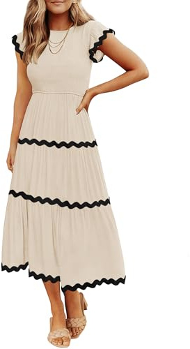 ZESICA Women's Summer Flutter Short Sleeve Smocked Midi Dress Casual High Waist Rickrack Tiered Flowy Dresses,Apricot,Small