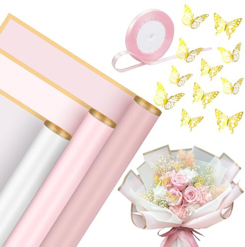 OWill 21 Sheet Flower Wrapping Paper,3 Colors Bouquet Wrapping Paper with 24 Yards Satin Ribbon,12PCS 3D Gold Butterfly Decor for Wedding DIY Craft Mother's Day Birthday Party-Pink