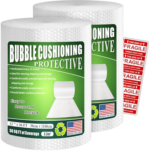 A&A Heavy-Duty Bubble Wrap Cushioning Roll – 2 Pack x12”x36’ Perforated Every 12”, Tear-Resistant Packing Wrap for Moving, Shipping & Storage Made in USA