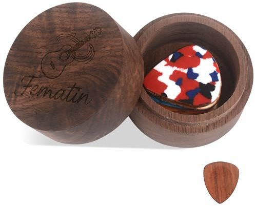 Walnut Wooden Guitar Pick Holder Box Case with 1 Wood Pick and 8 Celluloid Picks in 4 Thicknesses for Pick Storage and Display, Gift for for Guitar Players and Music Enthusiasts