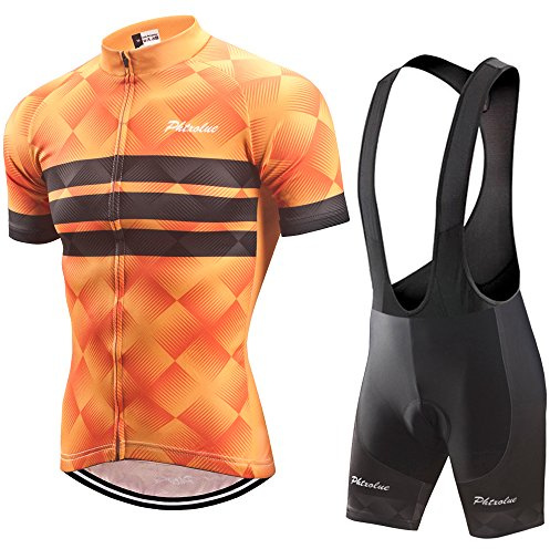 PHTXOLUE Men's Cycling Jersey Set Bicycle Short Sleeve Set Quick-Dry Breathable Shirt+3D Gel Pad Cushion Bib Shorts (Asia L=US Medium, Orange + Black)