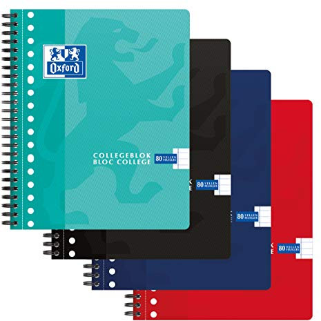 Oxford Collegeblock A5 Liniert 80 Blatt 17 Loch 5er Pack 4 Farben Notizblock