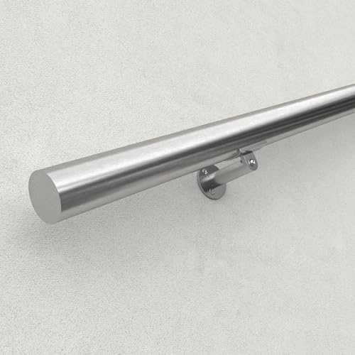 Muzata 5Ft Pre-drilled Stair Handrail 2 OD Round Brushed Wall Mounted Handrail Stainless Steel Safety Hand Rail Indoor Outdoor Stair Hand Railing Wood Concrete Brick Wall, HK27 SL4