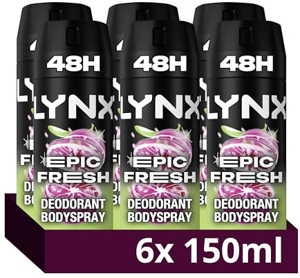 Lynx Men Epic Fresh grapefruit & tropical pineapple scent Deodorant Body Spray for 48 hours high definition fragrance 150 ml, Pack of 6