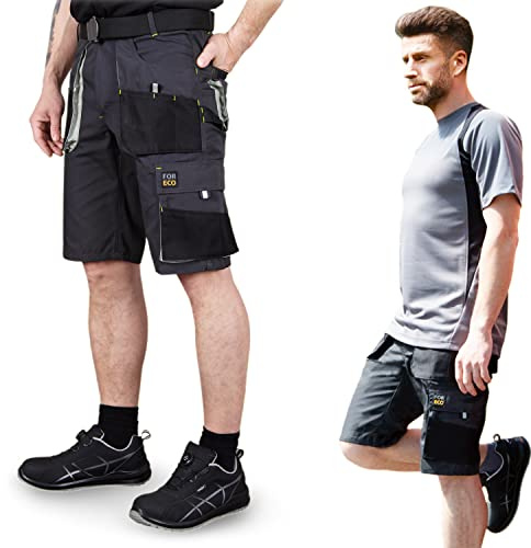 REIS Pantaloncini Corti da Lavoro Uomo | Pantaloncini Cargo | Grigio-Nero-Grigio Chiaro | Taglia: L