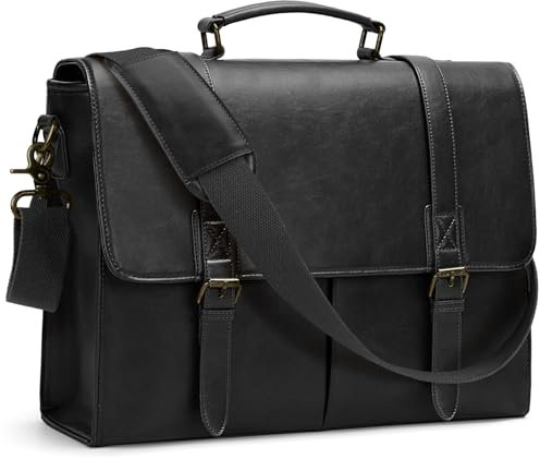 RAINSMORE Messenger Bag for Men Laptop Bag 15.6 inch PU Leather Briefcase Satchel Bag Shoulder Bag Waterproof for Work Office Business College Black