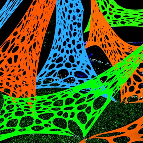 YHFUISK 700 Sqft Glow in The Blacklight Giant Durable Spider Webs Halloween Decorations Outdoor, Stretchy Beef Netting for Halloween Party Set, with 3 Blacklight, 3 Color Web (24FT x 4FT)