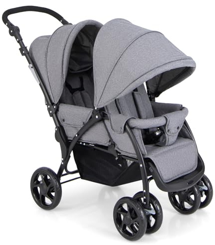 HONEY JOY Dubbelbarnvagn, vikbar lätt spädbarn tvillingvagn med tandemsittplatser, 5-punkts sele, lutningssäte, förvaringskorg, kompakt baby dubbelvagn nyfödd och småbarn (grå)
