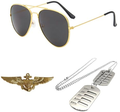 Occhiali Da Sole 1 Pezzo, Distintivo Da Pilota 1 Pezzo, Targhetta Per Cani 1 Pezzo, Costume Da Pilota, Accessori Per Costume Da Tifoso Militare, Adatto Per Cosplay, Feste A Tema