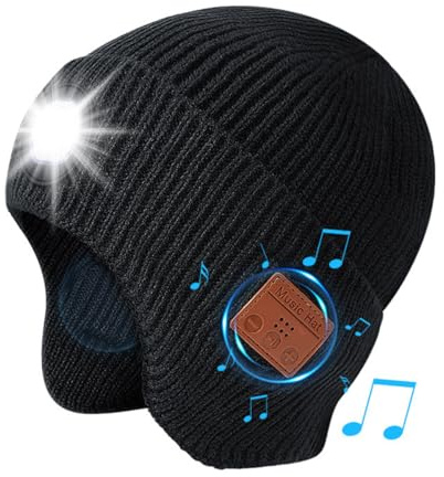 Bonnet musical avec lumières, bonnet LED Bluetooth 5.3 sans fil, design de protection d'oreille étendue, haut-parleur stéréo et micro intégrés, bonnet casque avec lampe frontale, chapeau torche