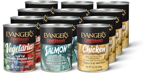 Evanger's Complements Variety Pack for Dogs & Cats – 4 Count Each, 12.5 oz Each – Grain & Gluten Free Chicken, Salmon & Vegetarian Dinners – Wet Dog & Cat Food