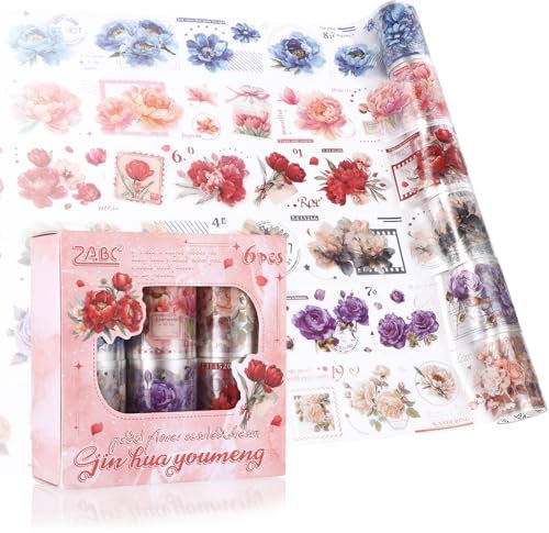 6 Rolle Floral Washi Tape Set Border Scrapbook Stickers Rolls für DIY Blumen Washi Tape Set Klebestreifen Bunt Washi Tape Vintage Sticker Transparent Florales Klebeband Scrapbook Zubehör Tape