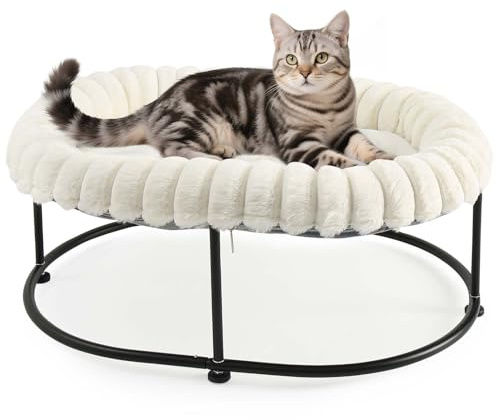 GUUSII HOME Elevada Cama para Hamaca Gato Grande Gatito Sofá Perro Pequeño Silla Mascotas Asiento con Marco de Metal Independiente Cojín Acolchado Lavable Fácil Montaje Cat Bed 58.5*43*21cm (Blanco)