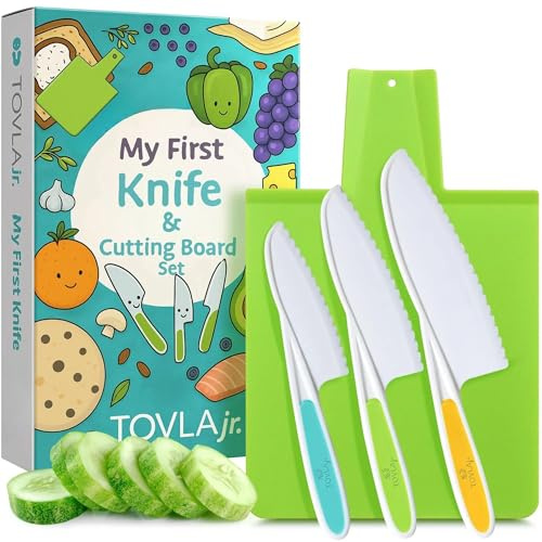 TOVLA JR. Kids' Kitchen Knives and Chopping Board Set - Chef Knife Tools, Non Slip Handle with Serrated Edges and Cutting Board - Children's Real Cooking - BPA-Free Montessori Learning Tools, Ages 3+