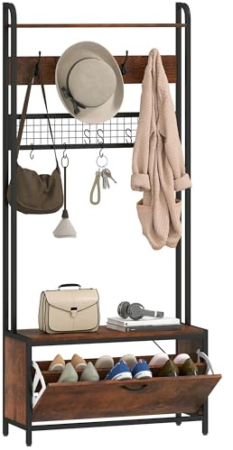 HOMCOM Coat Rack with Shoe Storage Bench and Grid Panel, Hall Tree, 5-In-1 Industrial Coat Rack Stand with Shoe Cabinet and 10 Hooks for Hallway, Entryway, Living Room, Rustic Brown