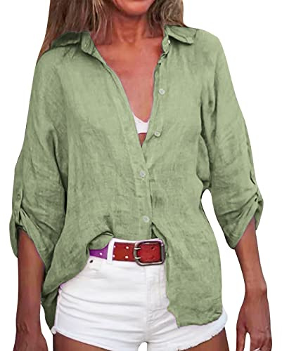 Linneskjorta dam plusstorlek blusar och blusar dam sommar topp 3/4 ärm blus enfärgad blus med knappar toppar V-ringning basic blus överdimensionerade t-shirts andningsbara skjortor