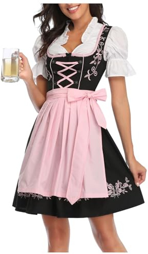 Abito tradizionale da donna midi – Dirndl da donna, nero, con camicetta Dirndl, grembiule in pizzo, 3 pezzi, elegante, costume bavarese, per Oktoberfest, Colore: rosa., S