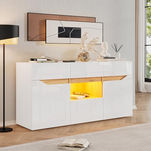 Merax Buffet blanc brillant - Commode de rangement moderne avec éclairage LED - Armoire de cuisine avec 2 portes, 4 tiroirs - Armoire polyvalente pour salle à manger, salon, cuisine