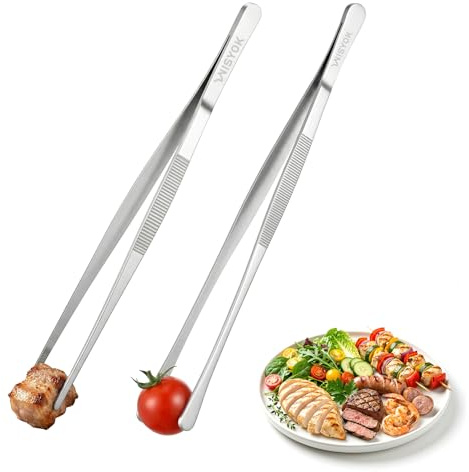 WISYOK Kochpinzette 2 Stück, 30 cm Küchenpinzette Edelstahl, Spitze und Runde Kochzange, Profi-Grillpinzette zum Kochen, Grillen, Braten, Backen, Anrichten und Dekorieren (Silber)