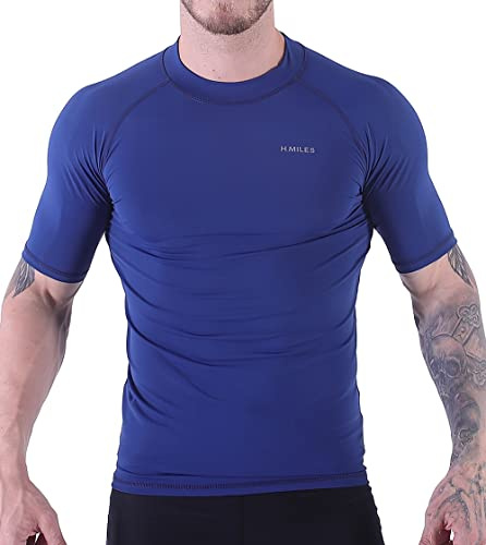 H.MILES Rash Guard Homme Manches Courtes Protection Solaire UV (UPF) 50+ Anti-UV Haut Surf Plage Natation Plongée T-Shirt Neoprene