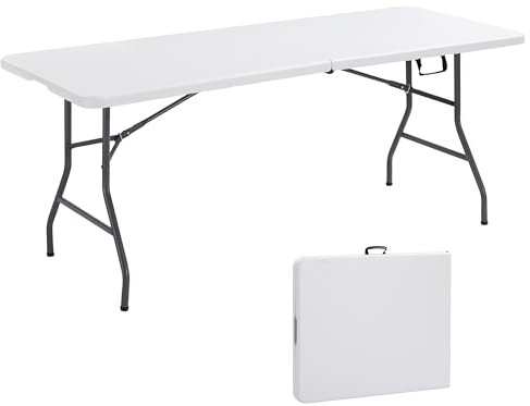 AREBOS Tavolo Pieghevole da Giardino Bianco perfetto come Tavolo da Campeggio, da Buffet, da Cucina | Tavolino Esterni Richiudibile a Valigetta con Maniglia | 182 cm | Bianco