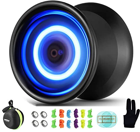 MAGICYOYO Y02 Aurora Led Light Up Yoyo Professional Unresponsive Trick Yoyo for Advanced Players, LED Aluminum Alloy Yo-Yo with Glove, Storage Bag, 4pcs Batteries & 12 Yo Yo Strings (Blue Light)