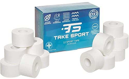 TAKE SPORT® Sportbänder, Crossfit, Bandagen boxen, Sportbänder, Trainingsbänder, Sporttape, Tape sport, Physio tape, Fingertape 3,8 x10m 100% Baumwolle Zig Zag Rand Nicht elastisch Weiß (12)