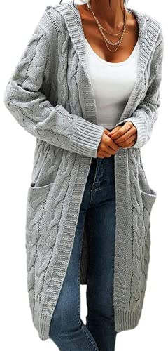 GeGekoko Cardigan da Donna con Cappuccio, Manica Lunga, Cardigan in Maglia Grossa, Aperto sul Davanti, Maglione Casual Autunnale e Invernale con Tasche, Grigio, XL