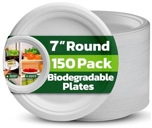Strong Paper Plates 7 Inch 150 Pack, White Disposable Plates for Parties | Bagasse Plates for Hot Food, 100% Compostable & Biodegradable, Microwave Safe, for Weddings, Picnics, Natural Sugarcane Fibre