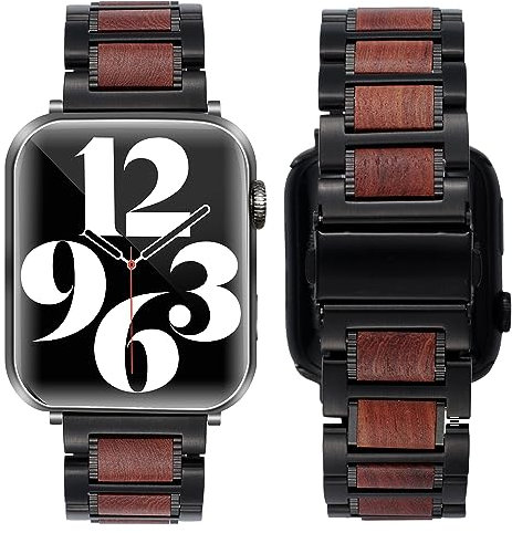 SEURE Holzarmband Kompatibel mit Apple Watch Armband 38mm 40mm 41mm 42mm 44mm 45mm, Herren Damen Edelstahl Holz Uhrarmband Ersatzarmband mit Sandelholz für Series SE/8/7/6/5/4/3/2/1