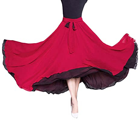 GUOCU Donne a Doppia Faccia Professionista Pratica Gonna a Ruota di Danza in Chiffon Flamenco a Lungo Spettacolo Grande Gonna Svasata Vestito di Danza del Ventre con Cravatta in Vita M