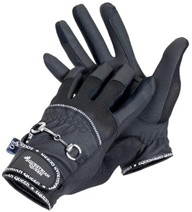 EQUESTRIAN QUEEN Crete Pferde Reithandschuhe Damen Reithandschuhe Kinder Mädchen Touchscreen-Handschuhe Softshell mit Mesh-Futter, verstärkt an den Zügeln für Reitsport (Schwarz/Grau, M)