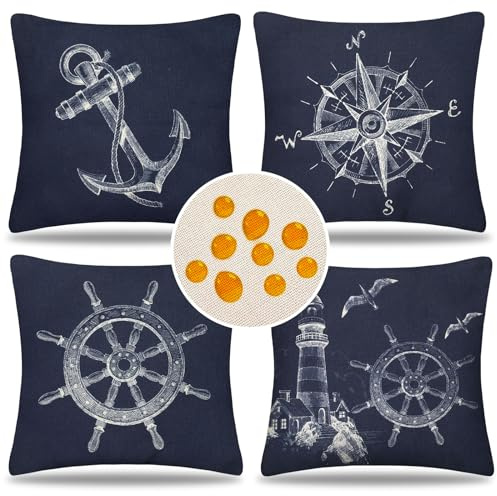 Soffkudde modern 40 x 40 cm kuddfodral utomhus vattentätt kuddfodral linne kudde vår sommar utomhus dekorativ maritim nautisk ankare marinblå för soffa balkong terrass uteplats trädgård