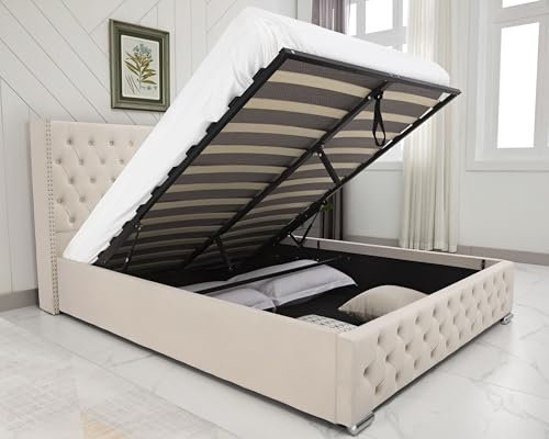 Double Bed Frame, Upholstered Ottoman Bed with Wingback Headboard, Double Bed with Storage, Velevt Fabric, Ottoman Storage Bed with Gas Lift Wooden Slats, (4ft6 Double 135 x 190, No Mattress)