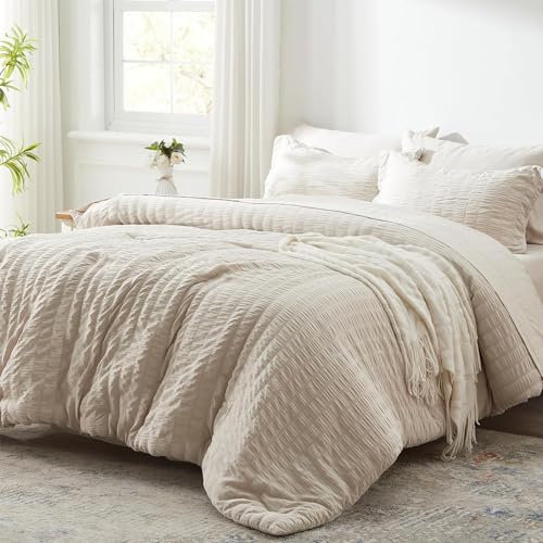 Lanqinglv Seersucker Bettwäsche 135x200 cm 4teilig Beige Wendebettwäsche Streifen Mikrofaser Bettwäsche-Sets,2 Bettbezug und 2 Kissenbezug 80x80 cm