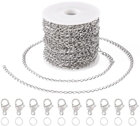 Craftdady 32,8 fot rostfritt stål halsband kedjesats med lås hoppringar tvinnad trottoarkedja för gör-det-själv halsband och armbandstillverkning
