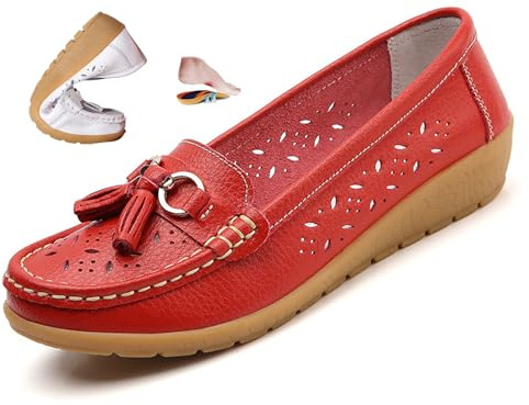 Mocasines ortopédicos para mujer de piel transpirable, mocasines de verano para conducir, cómodos zapatos de piel para el trabajo y caminar, Red, 39 EU